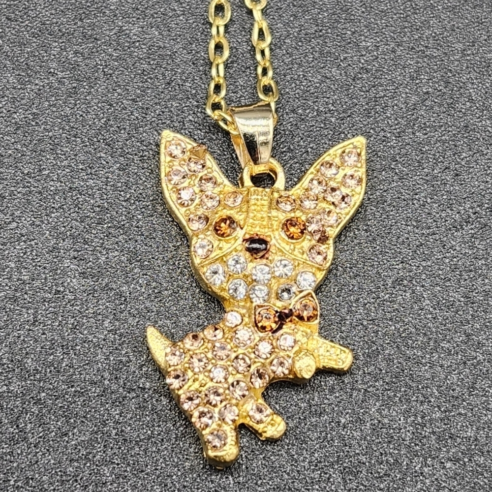 🩷 3/$15 Golden Chihuahua Pendant Necklace w/Brown Crystals & Bow Tie N…
